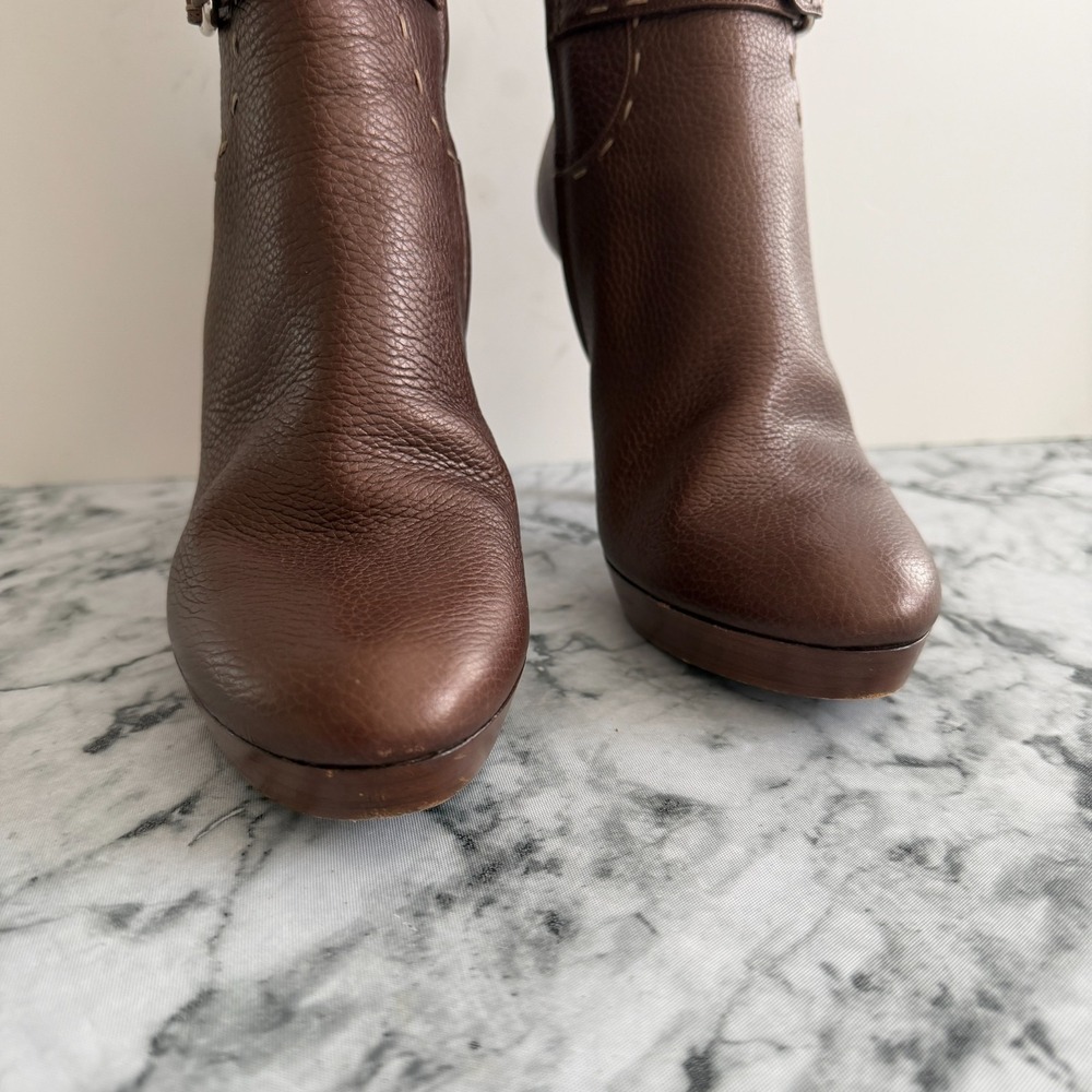 Fendi Italy Brown Pebbled Leather Whipstitch Ankle Buckle Boots Platform 41 (11) - Picture 5 of 16